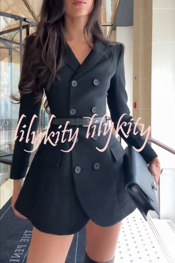 Parisian Style Double-breasted Long Sleeve Flare Hem Lapel Blazer Mini Dress