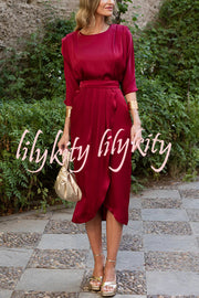 Satin Solid Color Round Neck Half Sleeve Waist Midi Dress