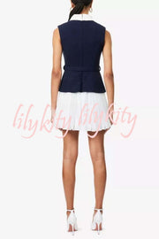 Sporty Elegance Tweed Metal Button Belted Pleated Hem Mini Dress