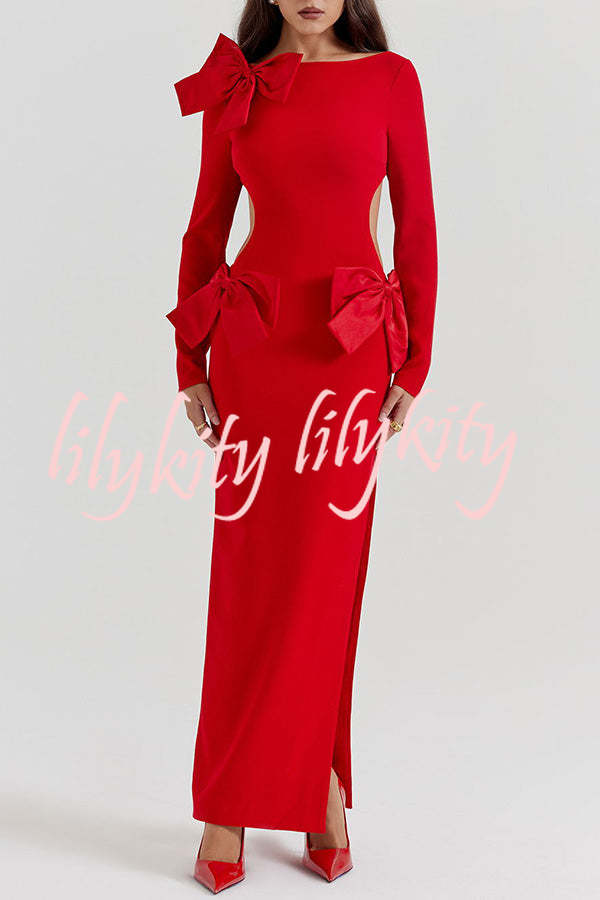 Lovely Bow Cutout Button Back Zipper Long Sleeve Maxi Dress