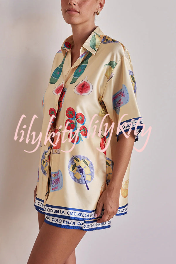 Satin Unique Print Lapel Short Sleeve Loose Shirt and Elastic Waist Drawstring Shorts Set