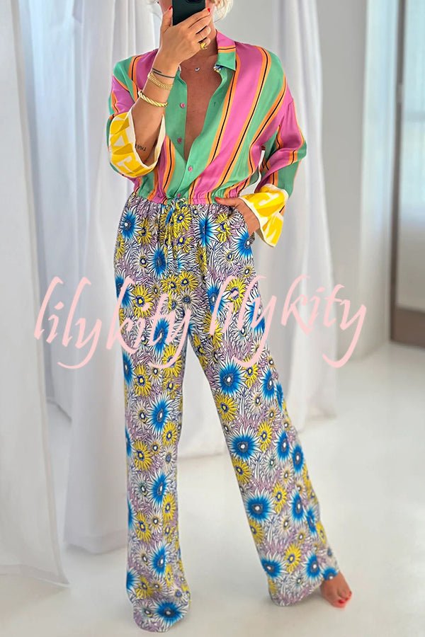 Boho Chic Look Unique Print Elastic Waist Pocketed Loose Shirt Jumpsuit