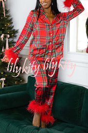 Christmas Besties Party Printed Feather Trim Elastic Waist Pocketed Pajama Set