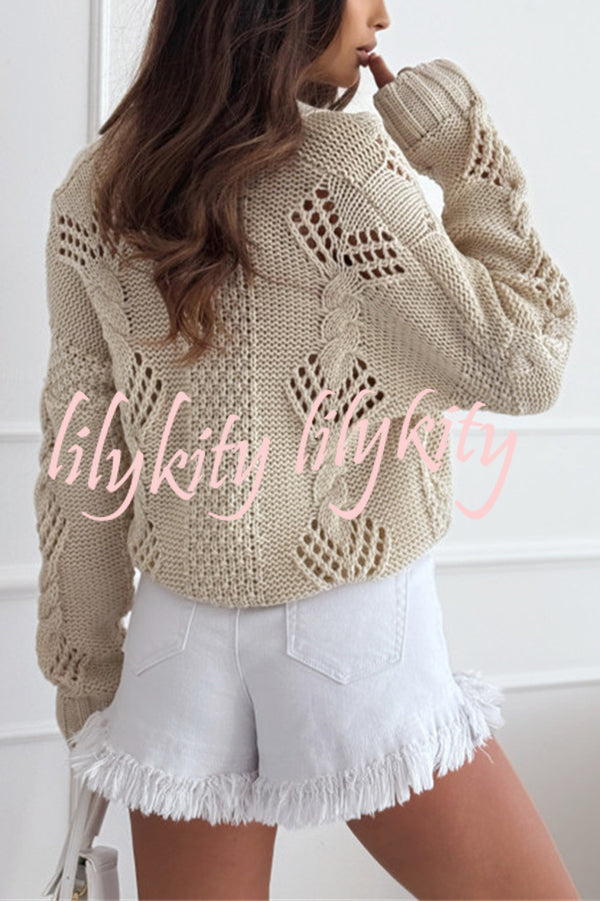 Fashion Hollow Long Sleeve V-neck Button Loose Knitted Cardigan