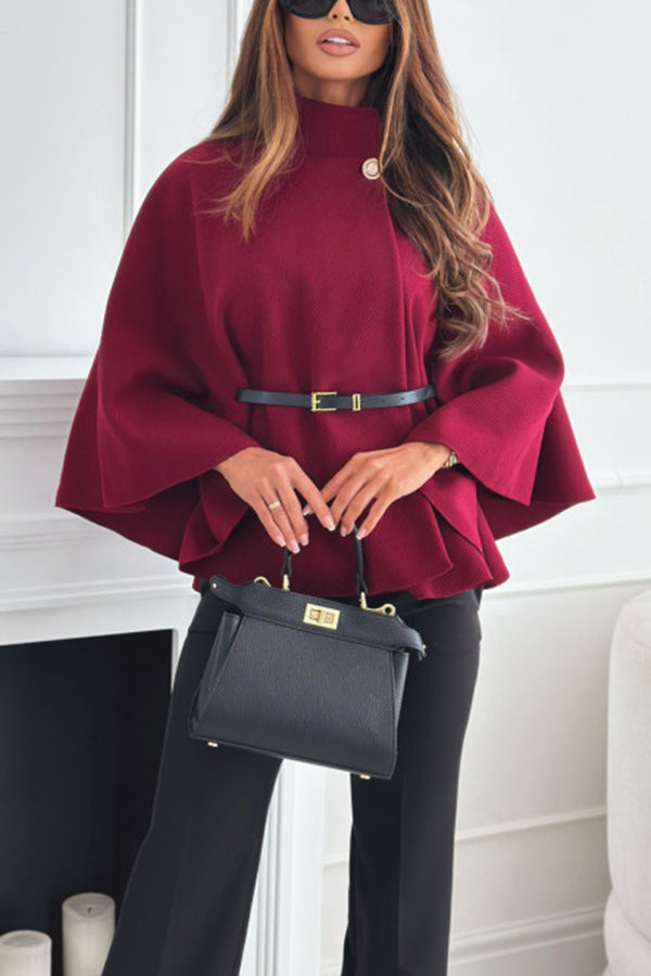 Elegant Moment Woolen Button Turtleneck Belted Oversized Cape