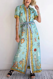 Deep Sea Dreaming Linen Blend Unique Print Short Sleeve Tie-up Shirt Maxi Dress