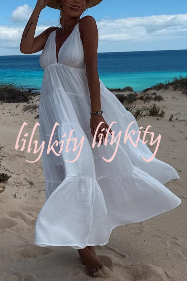 Bohemian Style V-neck Backless Slip Layered Vacation Maxi Dress
