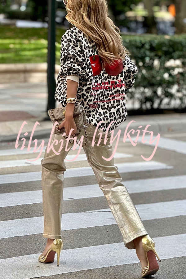 Unique Modern Feel Leopard and Cherry Print Casual Sweatshirt