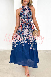 Floral Print Halterneck Tie Zip Smocked Maxi Dress