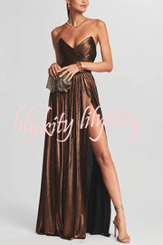 Goddess Temperament Metallic Pleated Fabric Off Shoulder Slit Maxi Dress