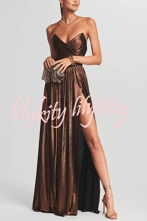 Goddess Temperament Metallic Pleated Fabric Off Shoulder Slit Maxi Dress