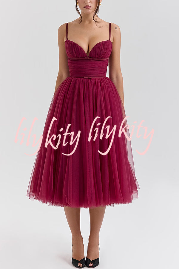 Royal Treatment Tulle Bows Detail Ruched Slip Midi Dress