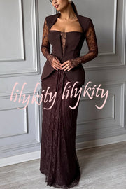 Belle Contrast Sheer Lace Fabric Patchwork Square Neck Long Sleeve Drape Maxi Dress