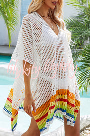 Color Block V Neck Slit Hollow Short Sleeved Knitted Cover Up