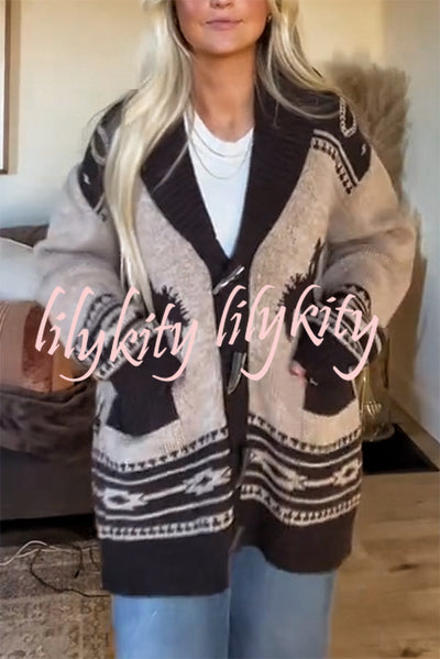 Retro Western Knit Unique Pattern Horn Buttons Pocket Lapel Loose Cardigan