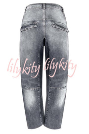Casual Meetup Washed Denim Mid Rise Pocketed Barrel Jeans