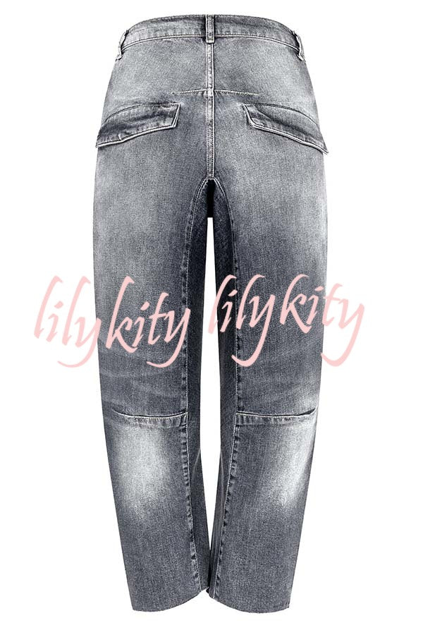 Casual Meetup Washed Denim Mid Rise Pocketed Barrel Jeans