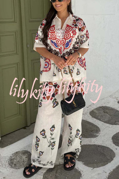 Fiji Ethnic Unique Printed Casual Shirt and Elastic Waist Wide Leg Pants Set