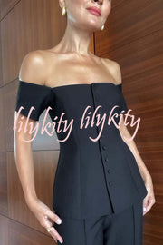 Solid Color Off-the-shoulder Single-breasted Top and Casual Pocket Straight-leg Pants Set