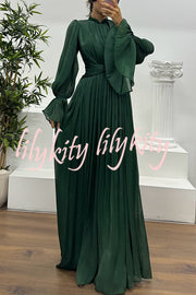 Ellah Shiny Fabric Chinese Stand Collar Twist Waist Balloon Sleeve Maxi Dress