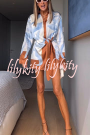 Lake Days Satin Colorblock Unique Print Tie-up Shirt Mini Dress