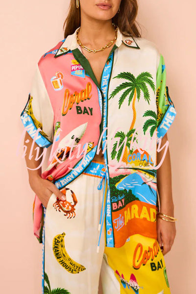 Kissed By The Sun Satin Unique Print Colorblock Button Down Oversized Blouse