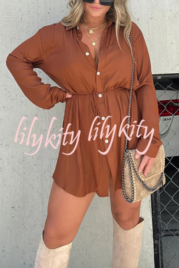 Solid Color Long Sleeve Button Casual Shirt-Style Rompers