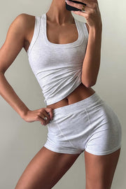 Fashionable Sports Yoga Style Sleeveless Square Neck Top and Elastic Slim Shorts Set