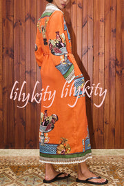 Linen Blend Unique Print Tie-waist Casual Maxi Dress