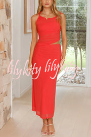 Solid Color Mesh Splicing Waist-baring Slim Maxi Dress