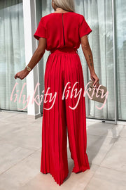 Ivy Cowl Neck Short Sleeve Belt Pleated Loose Wide Leg Jumpsuit