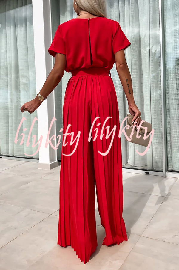 Ivy Cowl Neck Short Sleeve Belt Pleated Loose Wide Leg Jumpsuit