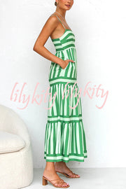 Beachy Dreams Striped Print Back Smocked Pocket A-line Slip Midi Dress