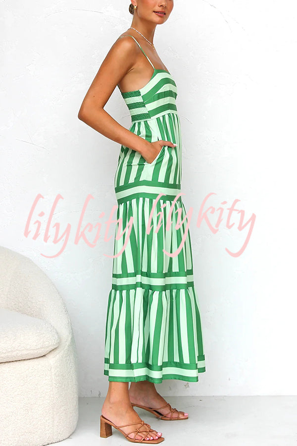 Beachy Dreams Striped Print Back Smocked Pocket A-line Slip Midi Dress