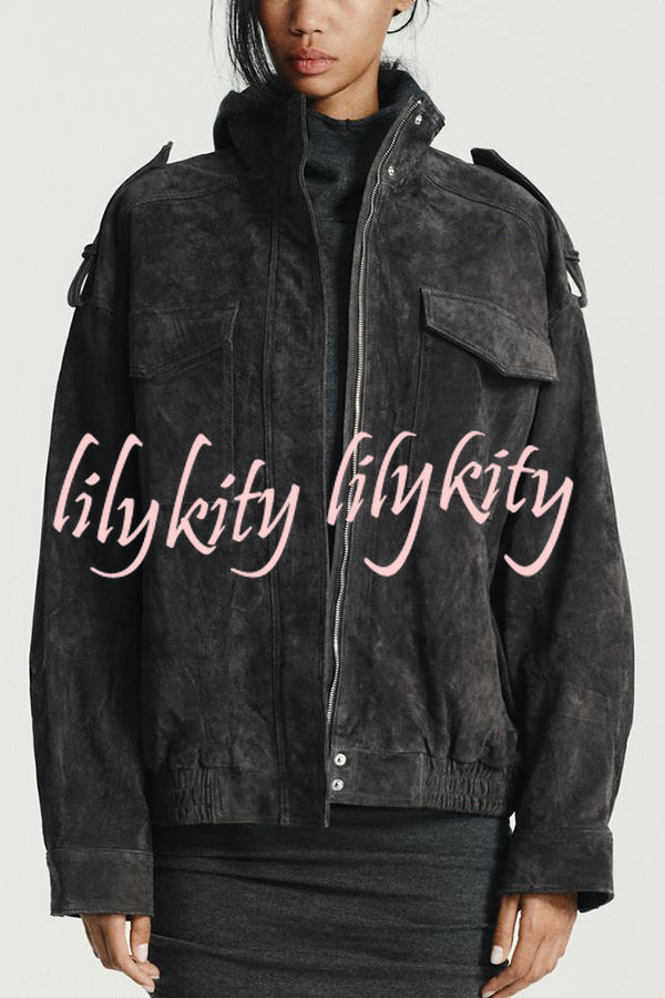 Fashionable Suede Loose Pocket Leather Jacket