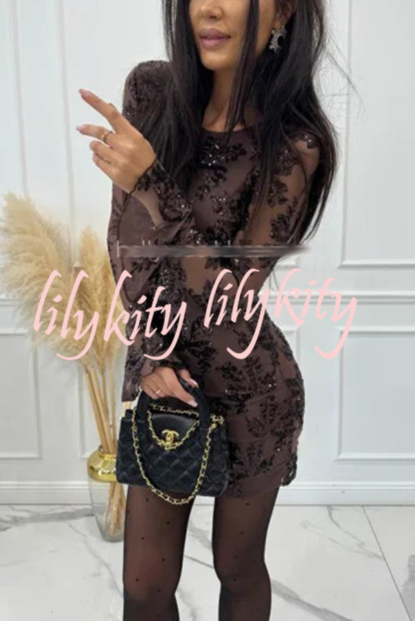 Deep and Dazzling Floral Texture Sequin Long Bell Sleeve Open Back Mini Dress