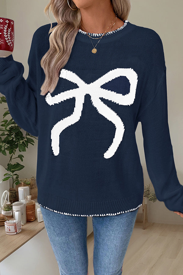 Christmas Contrasting Color Big Bow Round Neck Long Sleeve Loose Knitted Sweater