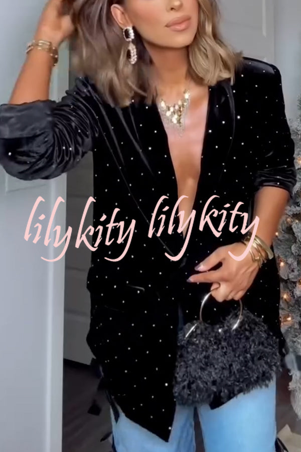 Runway Muse Embellished Velvet Long Sleeve Pocketed Lapel Blazer