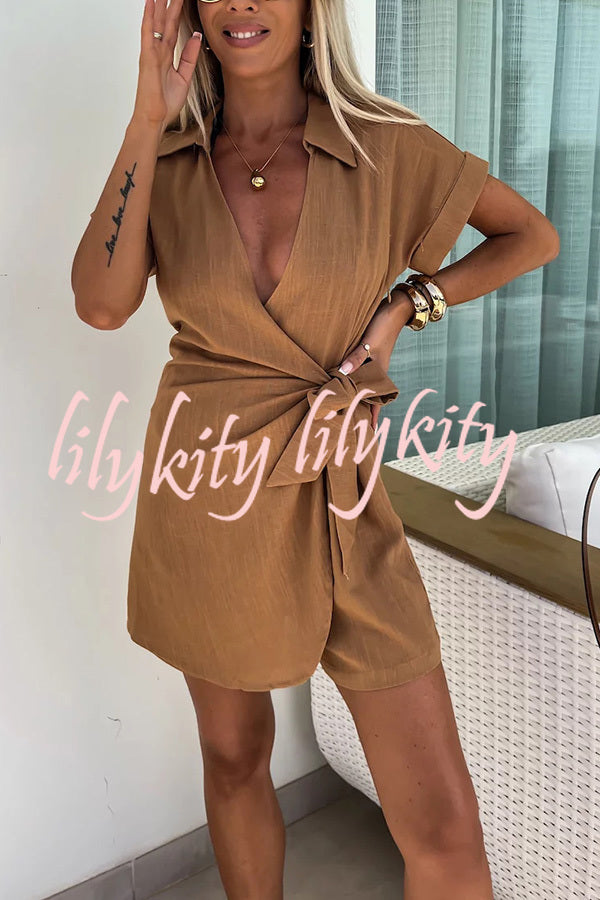 Relaxing Beach Linen Blend Solid Color Wrap Loose Shirt Romper