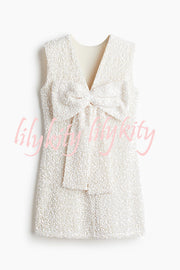 Glam Season Velvet Sequin Back Oversized Bow Design Sleeveless Loose Mini Dress