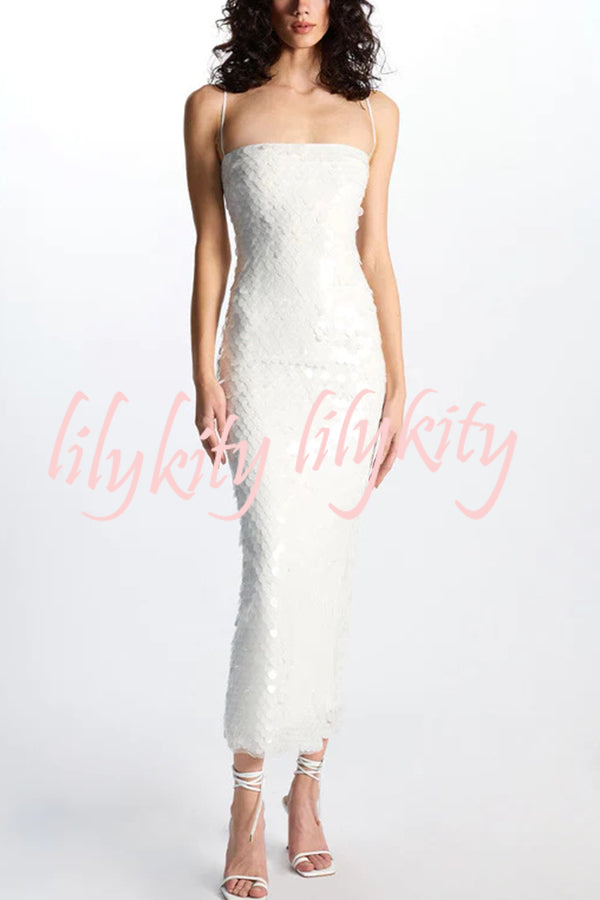 Sexy Sequined Halter-neck Backless Slim Fit Slit Midi Dress