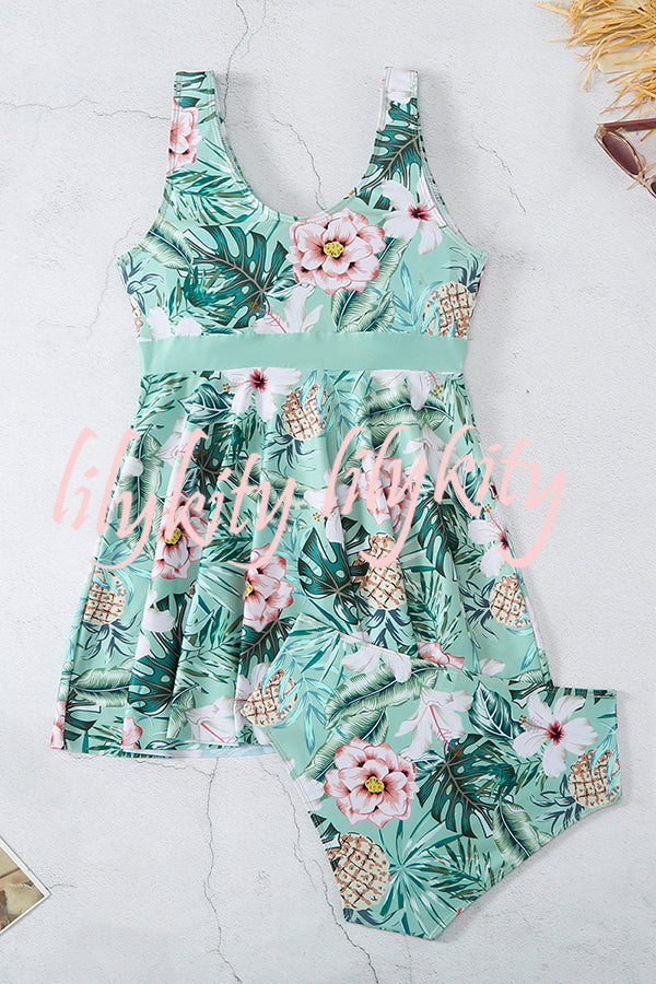 Cheerful Floral Print Bow Detail Tankini Swimsuit Set