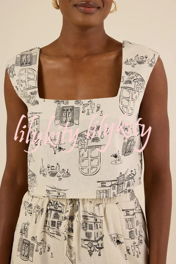 Maeve Linen Blend Unique Print Square Neck Tank and Elastic Waist Pocket Loose Pants Set