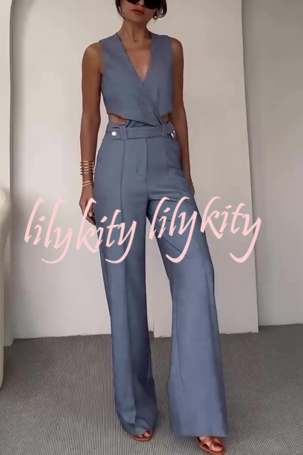 Crossover Slim Fit Sleeveless Vest and High Waisted Wide Leg Pants Set