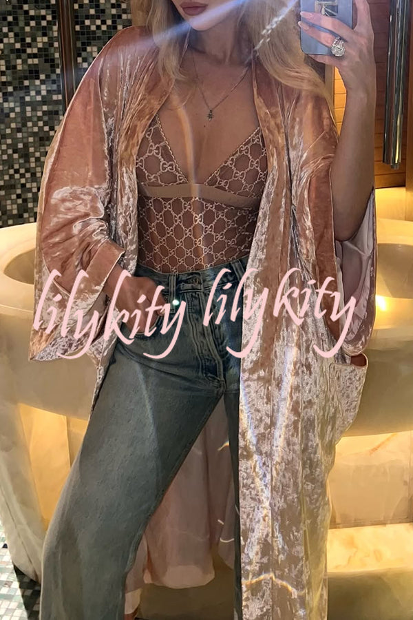 Gorgeous Glossy Velvet Long Bell Sleeve Tie-up Pocket Midi Kimono Coat