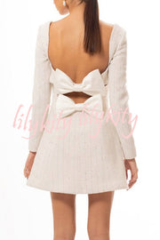 Chic Playful Vibes Tweed Square Neck Open Back Bows Mini Dress