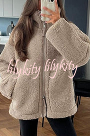 Solid Color Stitching High Collar Long Sleeve Loose Pocket Woolen Coat