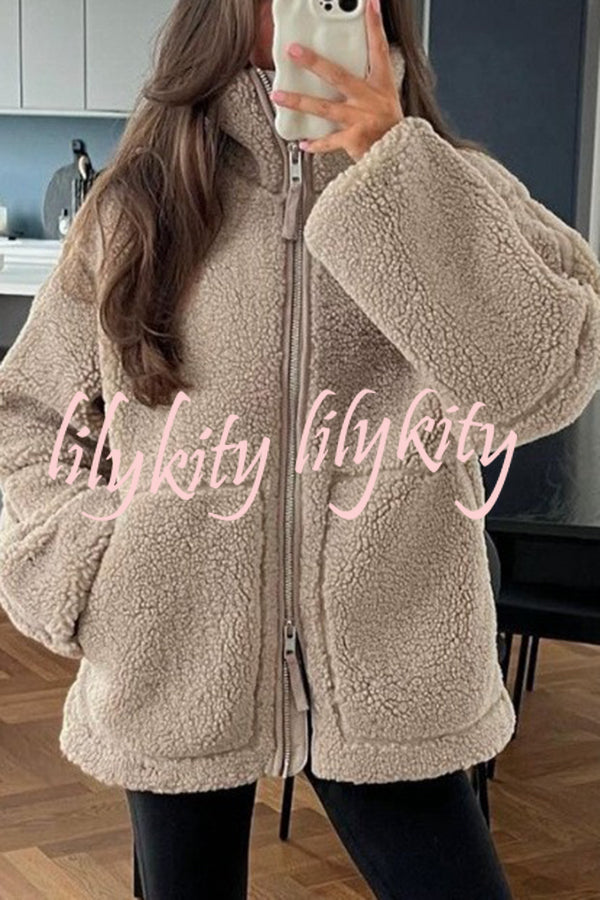 Solid Color Stitching High Collar Long Sleeve Loose Pocket Woolen Coat