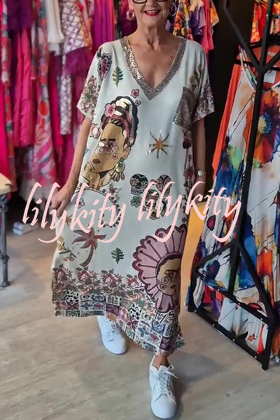 Fashion Printed V-neck Short-sleeved Casual Loose Maxi Dress