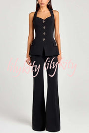 Women Power Metal Cross Snap Button Sweetheart Neck Wide Strap Vest